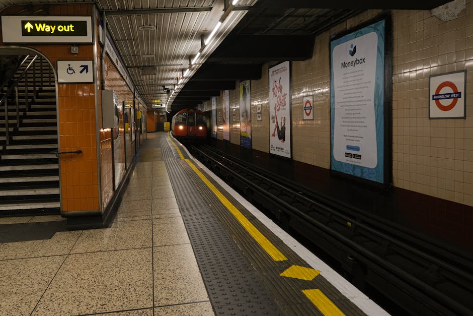 The image shows an underground London tube station platform with beige tiled walls and a curved ceiling with metallic panels. On the left, there are black PVC staircase handrails leading up to the stairs and a yellow 'Way out' sign with an arrow pointing straight ahead. Along the platform's edge, a tactile paving strip with raised yellow lines runs parallel to the train tracks, which are occupied by a red train approaching the station. Several large, framed advertising posters are mounted on the wall to the right, including one for Moneybox, with information written on it. The platform appears clean and well-lit, with the train's headlights illuminating the area as it nears the station. This setting, associated with urban transportation, supports the process of home relocation or furniture transport by emphasizing the importance of loading and unloading logistics at secure transit points, as might be considered by Man with Van Kingsbury when planning house removals in the Kingsbury area.