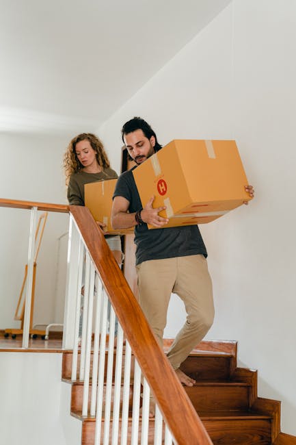 A man and woman carrying cardboard boxes as part of a home relocation inside a house, with the man holding a large box close to his chest and the woman holding a smaller box, both walking down a carpeted staircase with a wooden handrail. The background shows a plain white wall and a corridor leading to another room. The scene is well-lit with natural or ambient lighting, highlighting the careful handling of packing materials during the furniture transport process. This image reflects the logistics involved in packing and moving household items, typical of services offered by companies like Man with Van Kingsbury during house removals on Kingsbury terraces.